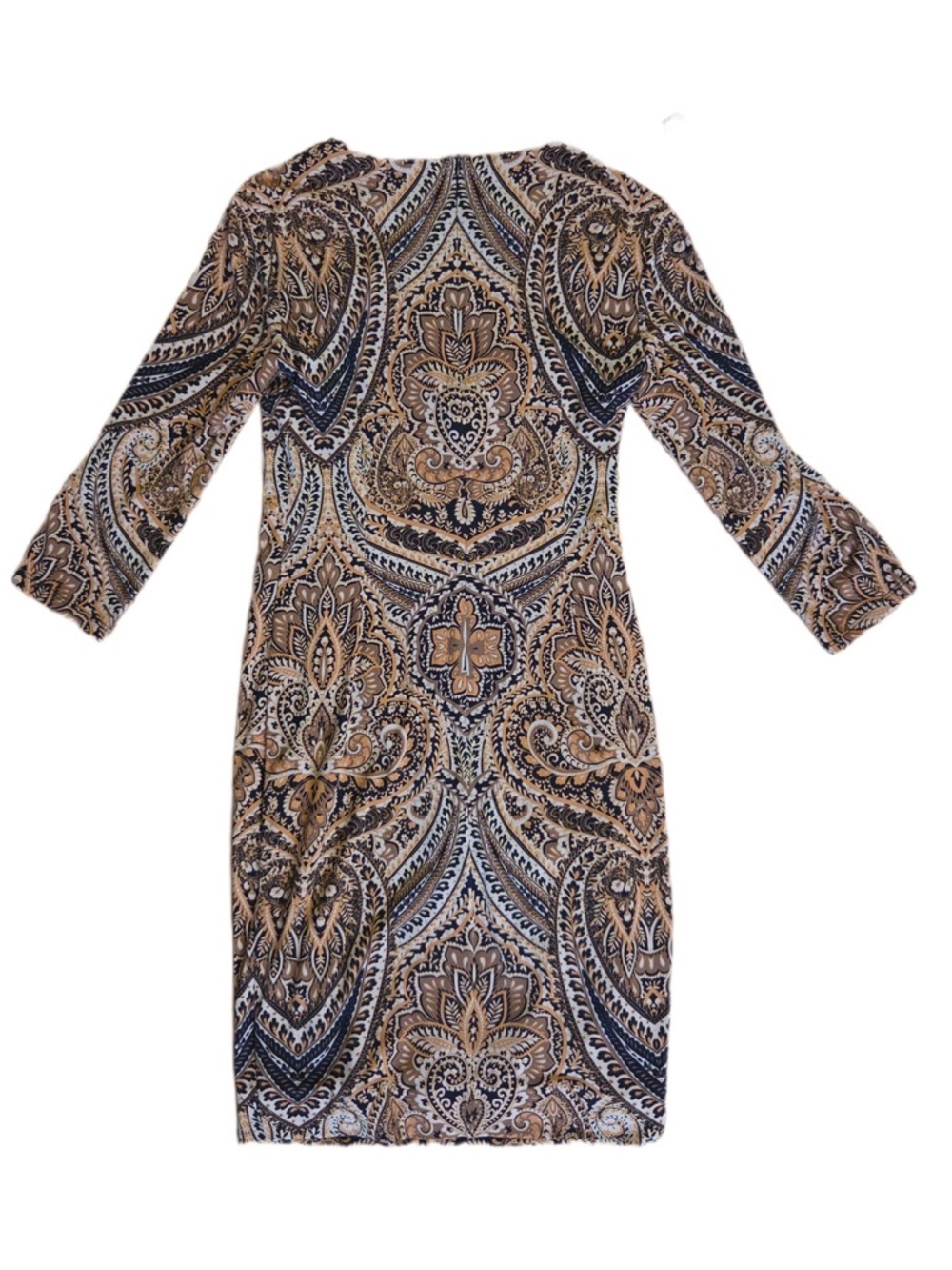 London Times Tan & Black Paisley Print Long Sleeve Midi Knee Length Sheath Dress - Picture 2 of 6
